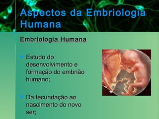 Aspectos da Embriologia
Humana
Embriologia Humana

   Estudo do
    desenvolvimento e
    formação do embrião
    humano;

   Da fecundação ao
    nascimento do novo
    ser;
 