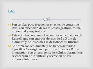 
 Son células poco frecuentes en el tejido conectivo
laxo, con excepción de las mucosas gastrointestinal,
urogenital y respiratoria.
 Estas células contienen los cuerpos o inclusiones de
Russell, que son cuerpos densos de 2 a 3 μm de
diámetro y de los cuales se desconoce su función.
 Se desplazan lentamente y no tienen actividad
fagocítica. Se originan a partir de linfocitos B que
interactúan con un antígeno; las células plasmáticas
se encargan de la síntesis y secreción de las
inmunoglobulinas
Índice
 