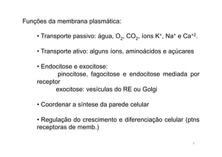 Funções da membrana plasmática: 
• Transporte passivo: água, O2, CO2, íons K+, Na+ e Ca+2. 
• Transporte ativo: alguns íons, aminoácidos e açúcares 
• Endocitose e exocitose: 
pinocitose, fagocitose e endocitose mediada por 
receptor 
exocitose: vesículas do RE ou Golgi 
• Coordenar a síntese da parede celular 
• Regulação do crescimento e diferenciação celular (ptns 
receptoras de memb.) 
9 
 