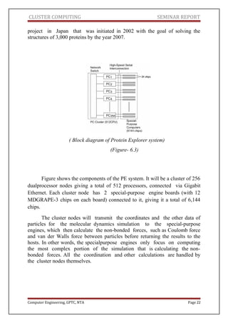 CLUSTER COMPUTING SEMINAR REPORT
project in Japan that was initiated in 2002 with the goal of solving the
structures of 3,000 proteins by the year 2007.
( Block diagram of Protein Explorer system)
(Figure- 6.3)
Figure shows the components of the PE system. It will be a cluster of 256
dualprocessor nodes giving a total of 512 processors, connected via Gigabit
Ethernet. Each cluster node has 2 special-purpose engine boards (with 12
MDGRAPE-3 chips on each board) connected to it, giving it a total of 6,144
chips.
The cluster nodes will transmit the coordinates and the other data of
particles for the molecular dynamics simulation to the special-purpose
engines, which then calculate the non-bonded forces, such as Coulomb force
and van der Walls force between particles before returning the results to the
hosts. In other words, the specialpurpose engines only focus on computing
the most complex portion of the simulation that is calculating the non-
bonded forces. All the coordination and other calculations are handled by
the cluster nodes themselves.
Computer Engineering, GPTC, NTA Page 22
 