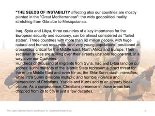 *THE SEEDS OF INSTABILITY affecting also our countries are mostly 
planted in the "Great Mediterranean": the wide geopolitical reality 
stretching from Gibraltar to Mesopotamia. 
Iraq, Syria and Libya, three countries of a key importance for the 
European security and economy, can be almost considered as "failed 
states". Three countries with more than 62 million people, with huge 
natural and human resources, and very young populations, positioned at 
crossroads critical for the Middle East, North Africa and Europe. Their 
sectarian strikes are spilling over their already unstable regions and, in a 
way, over our Countries. 
Hundreds of thousand of migrants from Syria, Iraq and Lybia land on our 
shores; sunni militants of the Islamic State represent a direct threat for 
the entire Middle East and even for us; the Shia-Sunni clash intensifies; 
while intra Sunni divisions multiply; and horrible violence and 
persecution of Christians, Yazidis and Kurds add to an already bleak 
picture. As a consequence, Christians presence in those areas has 
dropped from 20 to 5% in just a few decades. 
The clash between Sunni and Shia in an unsettled Middle East 3 
 