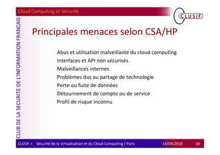 Cloud Computing et Sécurité



        Principales menaces selon CSA/HP
                      Abus et utilisation malveillante du cloud computing
                      Interfaces et API non sécurisés
                      Malveillances internes
                      Problèmes dus au partage de technologie
                      Perte ou fuite de données
                      Détournement de compte ou de service
                      Profil de risque inconnu




CLUSIF > Sécurité de la Virtualisation et du Cloud Computing / Paris   14/04/2010   26
 