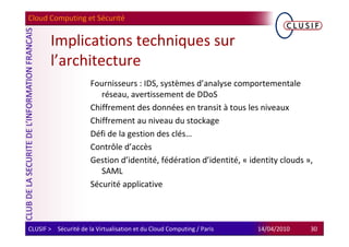 Cloud Computing et Sécurité


        Implications techniques sur
        l’architecture
                      Fournisseurs : IDS, systèmes d’analyse comportementale
                         réseau, avertissement de DDoS
                      Chiffrement des données en transit à tous les niveaux
                      Chiffrement au niveau du stockage
                      Défi de la gestion des clés…
                      Contrôle d’accès
                      Gestion d’identité, fédération d’identité, « identity clouds »,
                         SAML
                      Sécurité applicative



CLUSIF > Sécurité de la Virtualisation et du Cloud Computing / Paris   14/04/2010   30
 