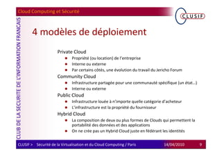 Cloud Computing et Sécurité



        4 modèles de déploiement
                      Private Cloud
                               Propriété (ou location) de l’entreprise
                               Interne ou externe
                               Par certains côtés, une évolution du travail du Jericho Forum
                      Community Cloud
                               Infrastructure partagée pour une communauté spécifique (un état…)
                               Interne ou externe
                      Public Cloud
                               Infrastructure louée à n’importe quelle catégorie d’acheteur
                               L’infrastructure est la propriété du fournisseur
                      Hybrid Cloud
                               La composition de deux ou plus formes de Clouds qui permettent la
                               portabilité des données et des applications
                               On ne crée pas un Hybrid Cloud juste en fédérant les identités


CLUSIF > Sécurité de la Virtualisation et du Cloud Computing / Paris             14/04/2010        9
 