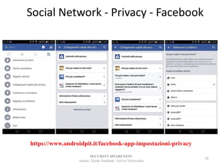 Social Network - Privacy - Facebook
SECURITYAWARENESS
Autore: Guido Sandonà - Sylvio Verrecchia
28
https://www.androidpit.it/facebook-app-impostazioni-privacy
 