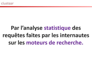 Catégorisation de requêtes (emprunts immobiliers)
Taux pour prêt
Simulation prêt
immobilier
Durée d’emprunt
Calcul assurance
logement
Questions fiscales
Rachat de crédit
Assurance risques spécifiqu
 