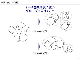 クラスタリングとは

            データを類似度に従い
            グループに分けること




              クラスタリングA




              クラスタリングB

                         27
 