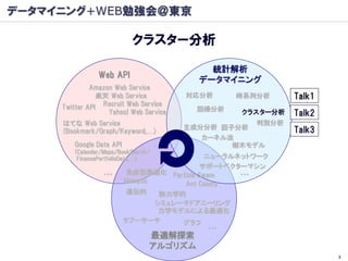 データマイニング+WEB勉強会＠東京

                           クラスター分析

                                            統計解析
                Web API
                                          データマイニング
              Amazon Web Service
                楽天 Web Service          対応分析     時系列分析      Talk1
     Twitter API Recruit Web Service      回帰分析
                   Yahoo! Web Service             クラスター分析   Talk2
     はてな Web Service                                判別分析
                                        主成分分析 因子分析          Talk3
     (Bookmark/Graph/Keyword,…)
                                           カーネル法
        Google Data API                         樹木モデル
        (Calendar/Maps/BookSearch/
         FinancePortfolioData,…)             ニューラルネットワーク
                                           サポートベクターマシン
                  …        免疫型最適化 Particle Swam    …
                          Memetic      Ant Colony
                           遺伝的     熱力学的
                                  シミュレーテドアニーリング
                                   力学モデルによる最適化
                          タブーサーチ       グラフ
                                           …
                                 最適解探索
                                 アルゴリズム
                                                                    3
 