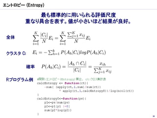 エントロピー (Entropy)

           最も標準的に用いられる評価尺度
        重なり具合を表す。値が小さいほど結果が良好。

 全体


 クラスタ Ci


           確率

 Rプログラム例




                                 38
 