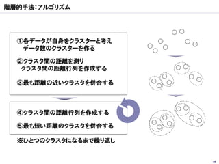 階層的手法：アルゴリズム




  ①各データが自身をクラスターと考え
   データ数のクラスターを作る

  ②クラスタ間の距離を測り
   クラスタ間の距離行列を作成する

  ③最も距離の近いクラスタを併合する



  ④クラスタ間の距離行列を作成する

  ⑤最も短い距離のクラスタを併合する

  ※ひとつのクラスタになるまで繰り返し


                       44
 