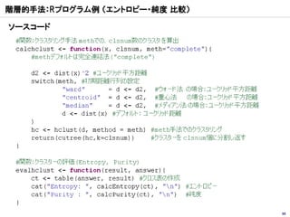 階層的手法：Rプログラム例 （エントロピー・純度 比較）

ソースコード




                               55
 