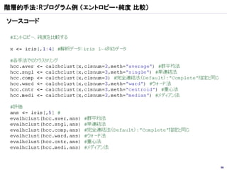 階層的手法：Rプログラム例 （エントロピー・純度 比較）

ソースコード




                               56
 