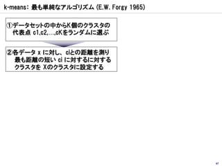 k-means： 最も単純なアルゴリズム (E.W. Forgy 1965)

①データセットの中からK個のクラスタの
 代表点 c1,c2,…,cKをランダムに選ぶ


②各データ x に対し、 ciとの距離を測り
 最も距離の短い ci に対するに対する
 クラスタを Xのクラスタに設定する




                                         67
 