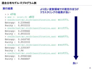 混合分布モデル：Rプログラム例

実行結果              より広い変数領域での推定のほうが
                  クラスタリングの結果が良い




                               良い
                                     89
 