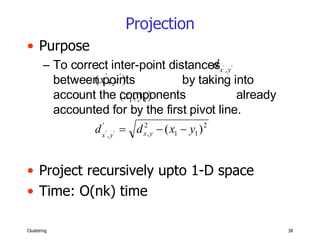 Projection Purpose To correct inter-point distances  between points  by taking into account the components  already accounted for by the first pivot line. Project recursively upto 1-D space Time: O(nk) time 