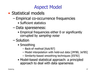 Aspect Model Statistical models Empirical co-occurrence frequencies Sufficient statistics Data spareseness: Empirical frequencies either 0 or significantly corrupted by  sampling noise Solution Smoothing Back-of method [Katz’87] Model interpolation with held-out data [JM’80, Jel’85] Similarity-based smoothing techniques [ES’92] Model-based statistical approach: a principled approach to deal with data sparseness 