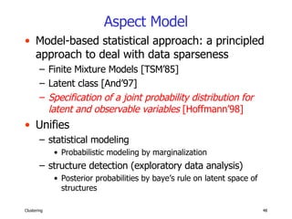 Aspect Model Model-based statistical approach: a principled approach to deal with data sparseness Finite Mixture Models [TSM’85] Latent class [And’97] Specification of a joint probability distribution for latent and observable variables  [Hoffmann’98] Unifies  statistical modeling  Probabilistic modeling by marginalization structure detection (exploratory data analysis) Posterior probabilities by baye’s rule on latent space of structures 
