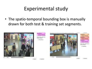 Experimental study
• The spatio-temporal bounding box is manually
drawn for both test & training set segments.
 