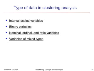 Type of data in clustering analysis


Interval-scaled variables



Binary variables



Nominal, ordinal, and ratio variables



Variables of mixed types

November 10, 2013

Data Mining: Concepts and Techniques

11

 