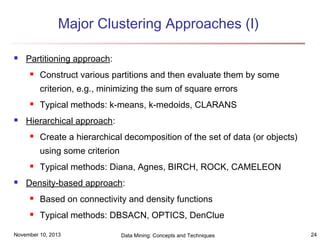 Major Clustering Approaches (I)


Partitioning approach:


Construct various partitions and then evaluate them by some
criterion, e.g., minimizing the sum of square errors





Typical methods: k-means, k-medoids, CLARANS

Hierarchical approach:


Create a hierarchical decomposition of the set of data (or objects)
using some criterion





Typical methods: Diana, Agnes, BIRCH, ROCK, CAMELEON

Density-based approach:


Based on connectivity and density functions



Typical methods: DBSACN, OPTICS, DenClue

November 10, 2013

Data Mining: Concepts and Techniques

24

 