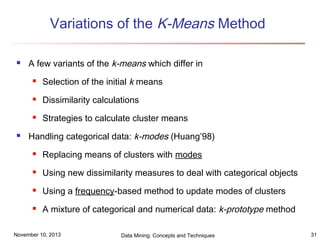 Variations of the K-Means Method


A few variants of the k-means which differ in




Dissimilarity calculations





Selection of the initial k means

Strategies to calculate cluster means

Handling categorical data: k-modes (Huang’98)


Replacing means of clusters with modes



Using new dissimilarity measures to deal with categorical objects



Using a frequency-based method to update modes of clusters



A mixture of categorical and numerical data: k-prototype method

November 10, 2013

Data Mining: Concepts and Techniques

31

 