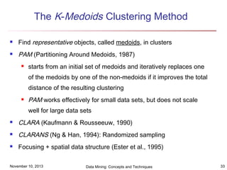 The K-Medoids Clustering Method


Find representative objects, called medoids, in clusters



PAM (Partitioning Around Medoids, 1987)


starts from an initial set of medoids and iteratively replaces one
of the medoids by one of the non-medoids if it improves the total
distance of the resulting clustering



PAM works effectively for small data sets, but does not scale
well for large data sets



CLARA (Kaufmann & Rousseeuw, 1990)



CLARANS (Ng & Han, 1994): Randomized sampling



Focusing + spatial data structure (Ester et al., 1995)

November 10, 2013

Data Mining: Concepts and Techniques

33

 