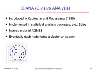DIANA (DIvisive ANAlysis)


Introduced in Kaufmann and Rousseeuw (1990)



Implemented in statistical analysis packages, e.g., Splus



Inverse order of AGNES



Eventually each node forms a cluster on its own
10
9
8
7
6
5
4
3
2
1
0
0

1

2

3

4

November 10, 2013

5

6

7

8

9

10

Data Mining: Concepts and Techniques

45

 