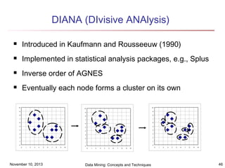DIANA (DIvisive ANAlysis)


Introduced in Kaufmann and Rousseeuw (1990)



Implemented in statistical analysis packages, e.g., Splus



Inverse order of AGNES



Eventually each node forms a cluster on its own
10

10

10

9

9

9

8

8

8

7

7

7

6

6

6

5

5

5

4

4

4

3

3

3

2

2

2

1

1

1

0
0

1

2

3

4

November 10, 2013

5

6

7

8

9

10

0

0
0

1

2

3

4

5

6

7

8

9

10

Data Mining: Concepts and Techniques

0

1

2

3

4

5

6

7

8

9

10

46

 