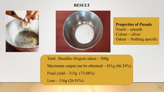 RESULT
Total Shuddha Hingula taken – 500g
Maximum output can be obtained – 431g (86.24%)
Final yield – 315g (73.08%)
Loss – 116g (26.91%)
15
Properties of Parada
Touch – smooth
Colour – silver
Odour – Nothing specific
 