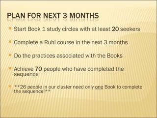 Start Book 1 study circles with at least  20  seekers  Complete a Ruhi course in the next 3 months Do the practices associated with the Books Achieve  70  people who have completed the sequence **26 people in our cluster need only  one  Book to complete the sequence!** 