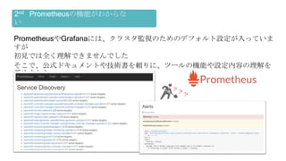PrometheusやGrafanaには、クラスタ監視のためのデフォルト設定が入っていま
すが
初見では全く理解できませんでした
そこで、公式ドキュメントや技術書を頼りに、ツールの機能や設定内容の理解を
深めました
2nd Prometheusの機能がわからな
い
 