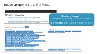 scrape-configを設定した結果を確認
ServiceDiscoveryは
「kubernetes_sd_configs」やラベル設定を踏まえ
て
最終的に対象としているアクセス先のラベルを表示
 