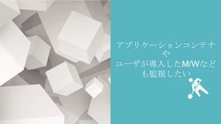 アプリケーションコンテナ
や
ユーザが導入したM/Wなど
も監視したい
 