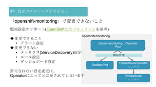 openshift-monitoring
Promethues
コンテナ
PromethuesOperator
コンテナ
cluster-monitoring Operator
Pod
4th 設定カスタマイズができない
GrafanaPod
「openshift-monitoring」で変更できないこと
監視設定のサポート(OpenShift公式ドキュメントを参照)
変更できること
• アラート設定
変更できない
• メトリクス(ServiceDiscovery)設定
• ルール設定
• ダッシュボード設定
許可されない設定変更は、
Operatorによって元に戻されてしまいます
構成管理
 