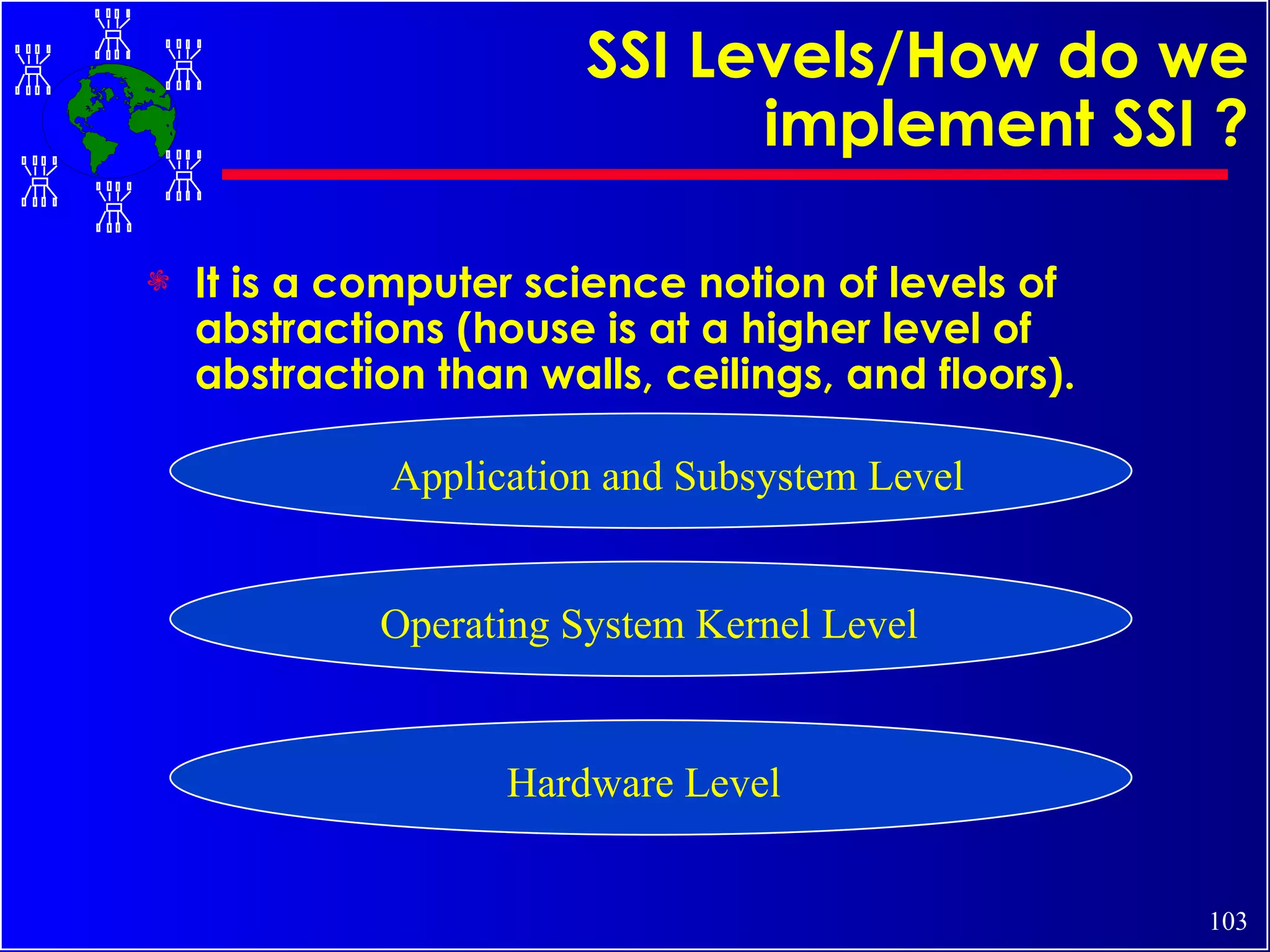 SSI Levels/How do we implement SSI ? It is a computer science notion of levels of abstractions (house is at a higher level of abstraction than walls, ceilings, and floors). Hardware Level Application and Subsystem Level Operating System Kernel Level 