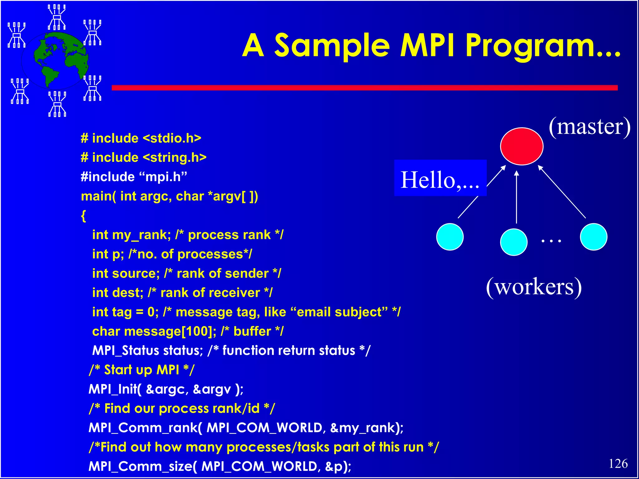 A Sample MPI Program... # include <stdio.h> # include <string.h> #include “mpi.h” main( int argc, char *argv[ ]) { int my_rank; /* process rank */ int p; /*no. of processes*/ int source; /* rank of sender */ int dest; /* rank of receiver */ int tag = 0; /* message tag, like “email subject” */ char message[100]; /* buffer */ MPI_Status status; /* function return status */ /* Start up MPI */ MPI_Init( &argc, &argv ); /* Find our process rank/id */ MPI_Comm_rank( MPI_COM_WORLD, &my_rank); /*Find out how many processes/tasks part of this run */ MPI_Comm_size( MPI_COM_WORLD, &p); … (master) (workers) Hello,... 