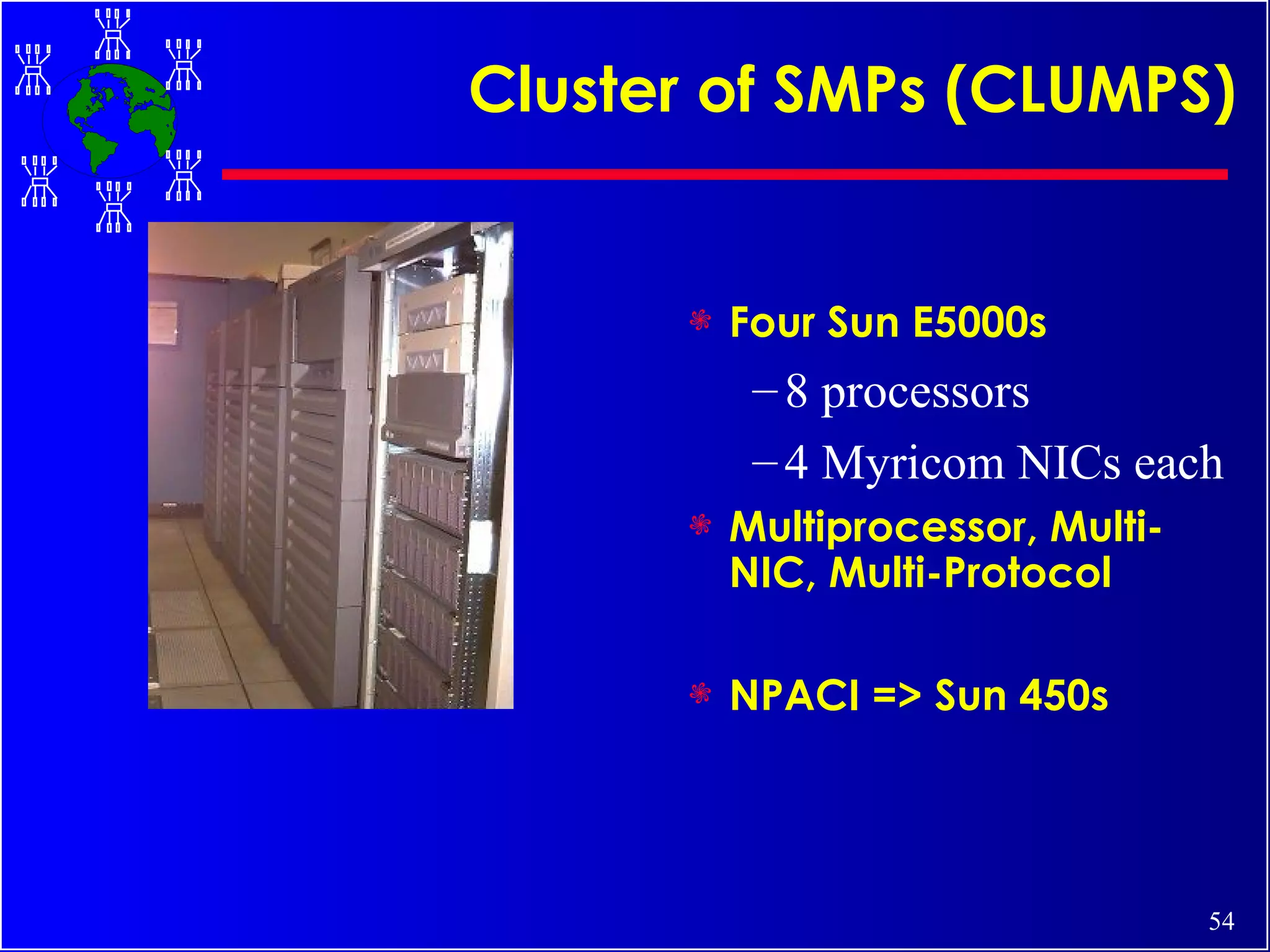 Cluster of SMPs (CLUMPS) Four Sun E5000s 8 processors 4 Myricom NICs each Multiprocessor, Multi-NIC, Multi-Protocol NPACI => Sun 450s 