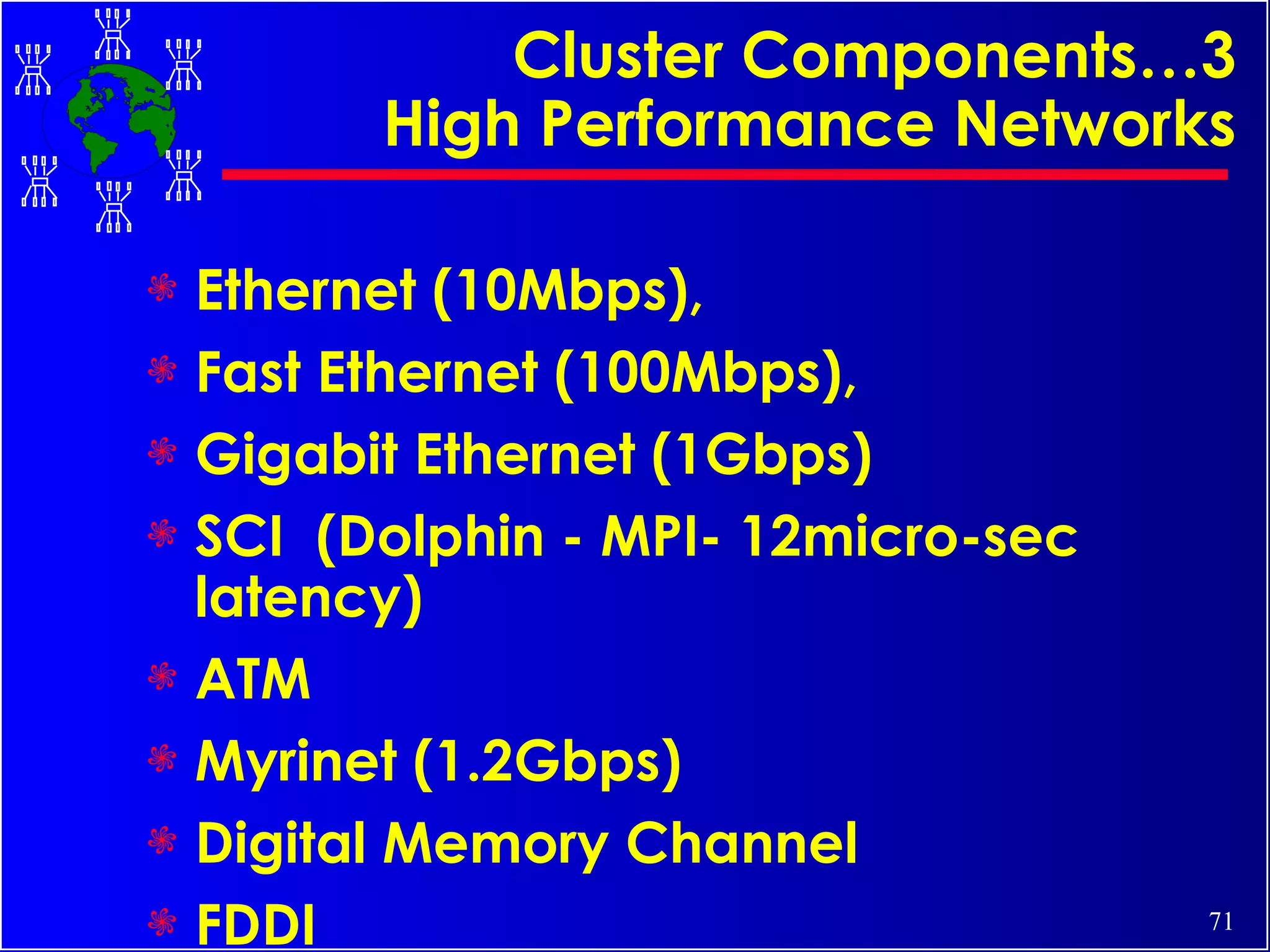Cluster Components…3 High Performance Networks Ethernet (10Mbps),  Fast Ethernet (100Mbps),  Gigabit Ethernet (1Gbps) SCI  (Dolphin - MPI- 12micro-sec latency) ATM Myrinet (1.2Gbps) Digital Memory Channel FDDI 