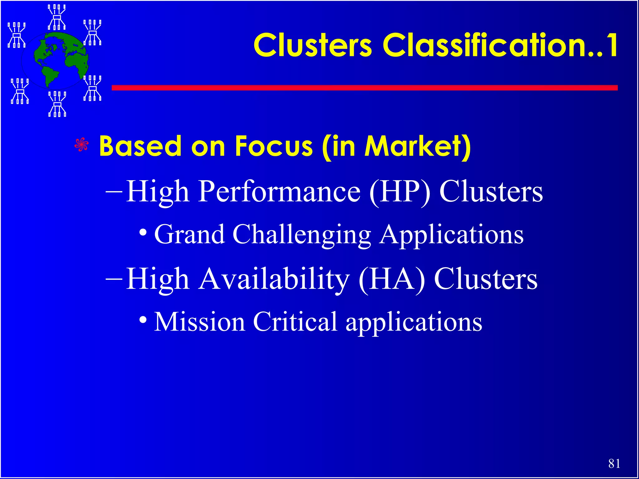 Clusters Classification..1 Based on Focus (in Market) High Performance (HP) Clusters Grand Challenging Applications High Availability (HA) Clusters Mission Critical applications 