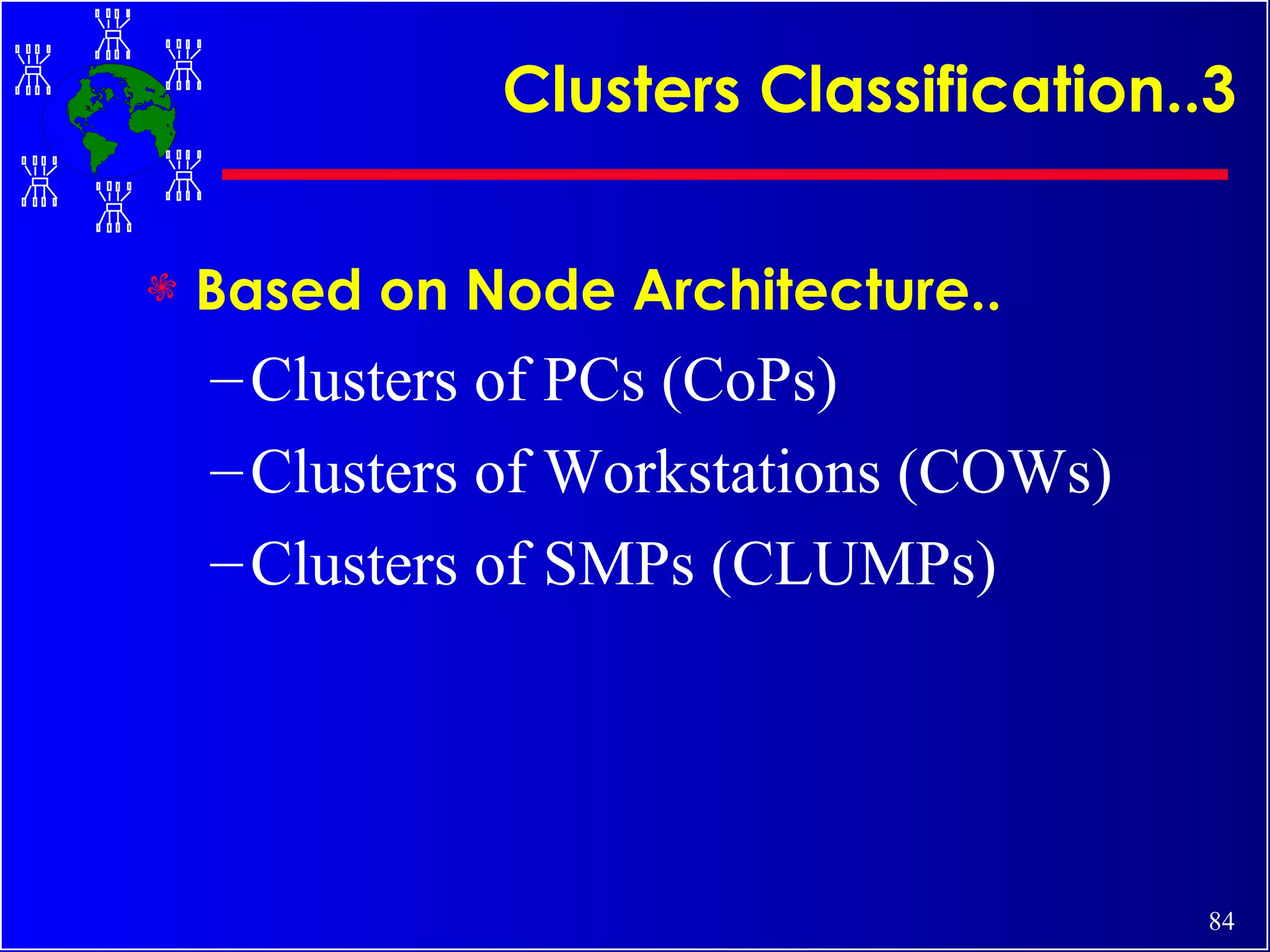 Clusters Classification..3 Based on Node Architecture.. Clusters of PCs (CoPs) Clusters of Workstations (COWs) Clusters of SMPs (CLUMPs) 