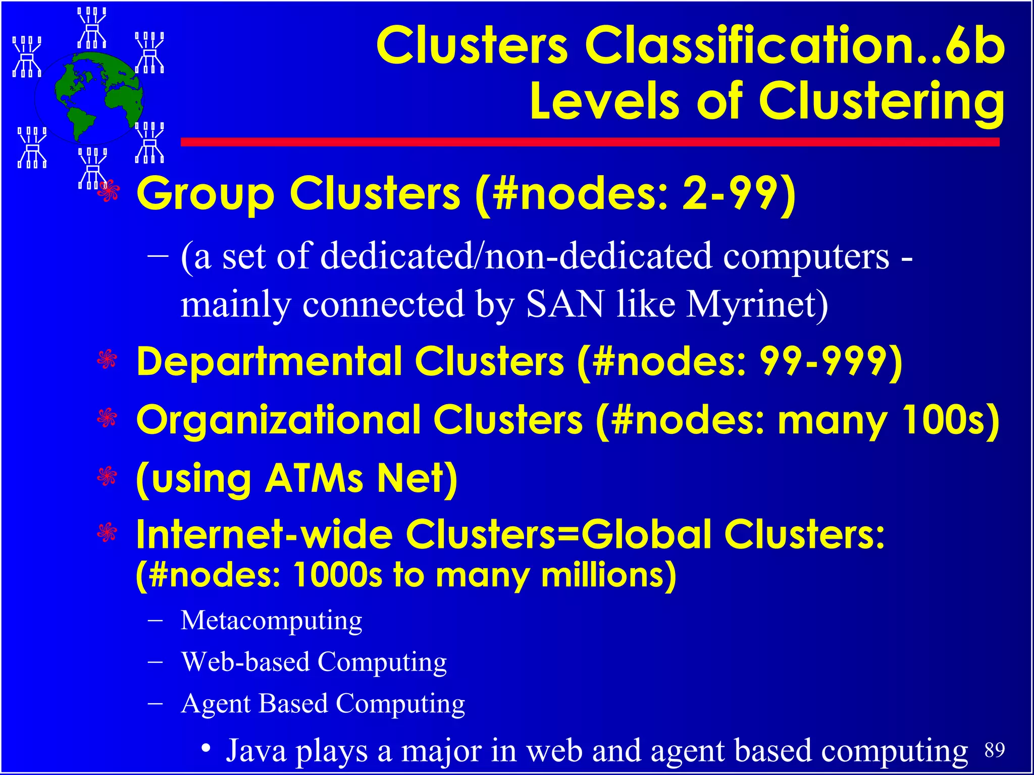 Clusters Classification..6b Levels of Clustering Group Clusters (#nodes: 2-99)  (a set of dedicated/non-dedicated computers - mainly connected by SAN like Myrinet) Departmental Clusters (#nodes: 99-999) Organizational Clusters (#nodes: many 100s) (using ATMs Net) Internet-wide Clusters=Global Clusters:  (#nodes: 1000s to many millions) Metacomputing Web-based Computing Agent Based Computing Java plays a major in web and agent based computing 