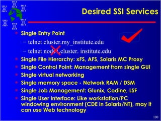 Desired SSI Services Single Entry Point telnet cluster.my_institute.edu telnet node1.cluster. institute.edu Single File Hierarchy: xFS, AFS, Solaris MC Proxy Single Control Point: Management from single GUI Single virtual networking Single memory space - Network RAM / DSM Single Job Management: Glunix, Codine, LSF Single User Interface: Like workstation/PC windowing environment (CDE in Solaris/NT), may it can use Web technology 