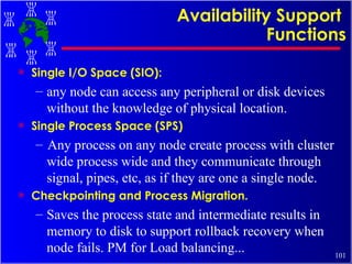 Availability Support  Functions Single I/O Space (SIO): any node can access any peripheral or disk devices without the knowledge of physical location. Single Process Space (SPS) Any process on any node create process with cluster wide process wide and they communicate through signal, pipes, etc, as if they are one a single node. Checkpointing and Process Migration. Saves the process state and intermediate results in memory to disk to support rollback recovery when node fails. PM for Load balancing... Reduction in the risk of operator errors User need not be aware of the underlying system architecture to use these machines effectively 