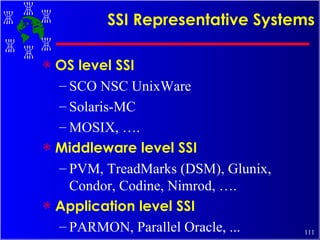 SSI Representative Systems OS level SSI SCO NSC UnixWare Solaris-MC MOSIX, …. Middleware level SSI PVM, TreadMarks (DSM), Glunix, Condor, Codine, Nimrod, …. Application level SSI PARMON, Parallel Oracle, ... 