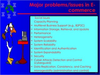 Major problems/issues in E-commerce Social Issues Capacity Planning Multilevel Business Support (e.g., B2P2C) Information Storage, Retrieval, and Update Performance Heterogeneity System Scalability System Reliability Identification and Authentication System Expandability Security Cyber Attacks Detection and Control (cyberguard) Data Replication, Consistency, and Caching Manageability (administration and control) 