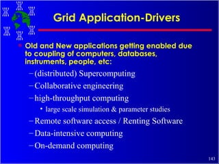 Grid Application-Drivers Old and New applications getting enabled due to coupling of computers, databases, instruments, people, etc: (distributed) Supercomputing Collaborative engineering high-throughput computing large scale simulation & parameter studies Remote software access / Renting Software Data-intensive computing On-demand computing 