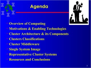 Agenda Overview of Computing Motivations & Enabling Technologies Cluster Architecture & its Components Clusters Classifications Cluster Middleware Single System Image Representative Cluster Systems  Resources and Conclusions 