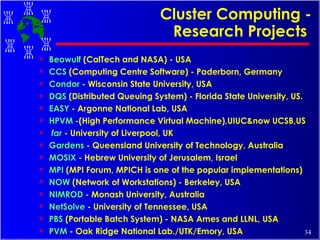 Cluster Computing - Research Projects   Beowulf  (CalTech and NASA) - USA CCS  (Computing Centre Software) - Paderborn, Germany  Condor  - Wisconsin State University, USA  DQS  (Distributed Queuing System) - Florida State University, US. EASY  - Argonne National Lab, USA HPVM  -(High Performance Virtual Machine),UIUC&now UCSB,US far  - University of Liverpool, UK  Gardens  - Queensland University of Technology, Australia MOSIX  - Hebrew University of Jerusalem, Israel MPI  (MPI Forum, MPICH is one of the popular implementations)  NOW  (Network of Workstations) - Berkeley, USA  NIMROD  - Monash University, Australia  NetSolve  - University of Tennessee, USA PBS  (Portable Batch System) - NASA Ames and LLNL, USA  PVM  - Oak Ridge National Lab./UTK/Emory, USA 
