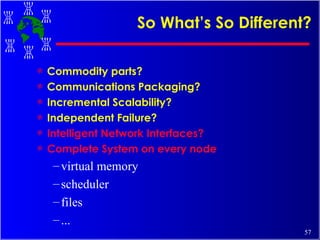 So What’s So Different? Commodity parts? Communications Packaging? Incremental Scalability? Independent Failure? Intelligent Network Interfaces? Complete System on every node virtual memory scheduler files ... 