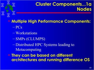 Cluster Components...1a Nodes Multiple High Performance Components: PCs Workstations SMPs (CLUMPS) Distributed HPC Systems leading to Metacomputing They can be based on different architectures and running difference  OS 